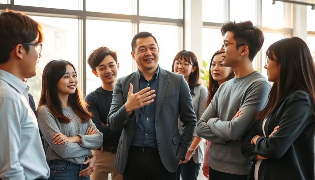 A group of young, Japanese-looking professionals standing in a well-lit, modern office setting. The creative director, in the center, is gesturing animatedly while addressing the team, conveying a sense of confident leadership and clear communication. The others listen intently, their expressions engaged and attentive. Soft, natural lighting filters through large windows, casting a warm glow and creating a collaborative, professional atmosphere. The scene captures the importance of leadership skills and effective communication for a creative director overseeing a talented team.