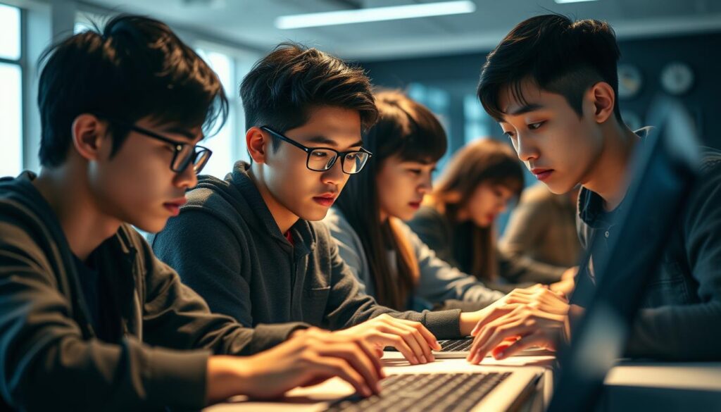 A group of young, Japanese-looking programmers deeply engaged in coding and software development, illuminated by a warm, natural light. The scene captures their intense focus, collaboration, and problem-solving skills as they navigate the complexities of their work. The foreground features their hands typing on laptops, the middle ground shows their faces in profile, and the background suggests a modern, minimalist office environment. The overall mood is one of dedication, creativity, and the pursuit of programming excellence.