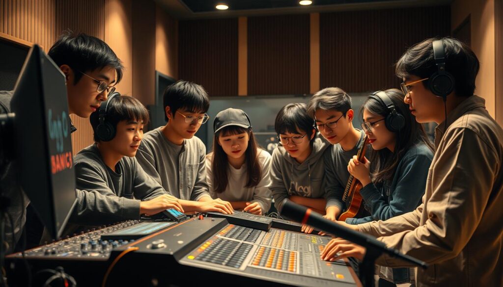 A group of young, Japanese-looking recording engineers gathered around a professional mixing console, working intently on their latest project. The scene is bathed in warm, ambient lighting, casting a cozy, focused atmosphere. The engineers' expressions convey a sense of determination and passion for their craft. The mid-ground features various studio equipment and instruments, hinting at the technical expertise required for their roles. In the background, a sleek, modern recording studio with state-of-the-art acoustics sets the stage for their career aspirations. The overall composition emphasizes the strategic planning and dedication needed to succeed as a recording engineer.