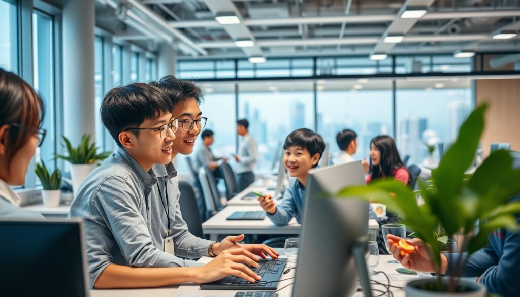 A group of young, Japanese-looking software engineers working in a modern, well-lit office space. In the foreground, a couple of engineers are collaborating on a computer screen, engaged in deep discussion. In the middle ground, others are taking a break, chatting and sharing snacks. The background features rows of desks, potted plants, and large windows offering a view of a vibrant cityscape. The atmosphere is productive yet relaxed, capturing the dynamic and collaborative nature of the engineering workplace.