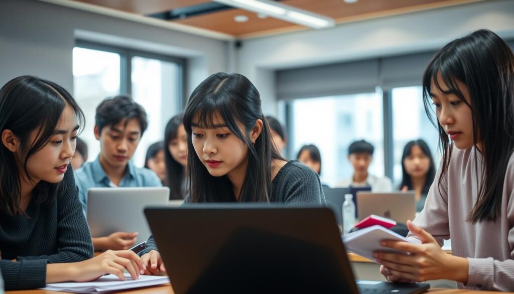 A group of young Japanese professionals, all with dark hair and youthful features, gathered in a modern classroom setting. They are intently focused on their work, laptops and notebooks open as they engage in a trackmaking educational program. The lighting is soft and natural, with windows providing a warm glow. The atmosphere is one of serious study and dedication, as these students pursue the necessary skills and credentials to become accomplished music producers.
