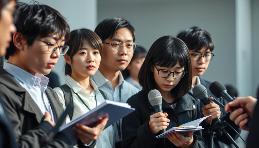 A group of young Japanese reporters engaged in an intense interview session, the sharp focus capturing their serious expressions as they lean in, notepads and recorders in hand, the natural lighting casting soft shadows across their faces, the background blurred to emphasize the subject, conveying the dedicated, professional nature of the interview process.