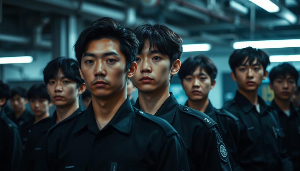 A group of young Japanese security guards standing at attention, their black hair and serious expressions conveying a sense of professionalism. The scene is set in a dimly lit, industrial environment, with shadows cast across their faces, creating a somber and focused atmosphere. The guards are positioned in the foreground, with a blurred background suggesting a facility or office space. The lighting is natural, with a cool, subtle hue that enhances the sense of duty and vigilance. The camera angle is slightly elevated, giving a slightly imposing perspective on the guards' responsibilities and their vigilant role in maintaining order.
