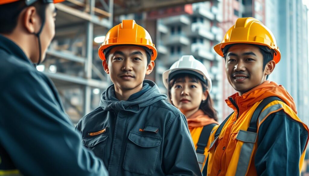 A group of young Japanese workers, focused and determined, standing in a construction site wearing hard hats and safety gear. The scene is well-lit, with a soft, diffused light illuminating their faces and the surrounding scaffolding and equipment. In the background, a tall building under construction can be seen, hinting at the scale and complexity of their vocation. The workers' expressions convey a sense of pride and professionalism as they prepare to tackle the tasks at hand, exemplifying the skills and expertise required to become a certified "鳶職" in Japan.