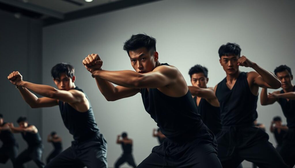 A group of young, athletic Japanese-looking individuals in a dynamic, full-body pose that showcases their physical prowess. Dramatic low-angle lighting highlights their muscular builds and intense expressions, conveying the rigorous demands of the marshal's role. The scene is set against a clean, minimalist background that allows the subjects to take center stage, their uniform dark attire emphasizing their disciplined, no-nonsense demeanor. The overall mood is one of power, strength, and unwavering focus - qualities essential for the demanding duties of a marshal.