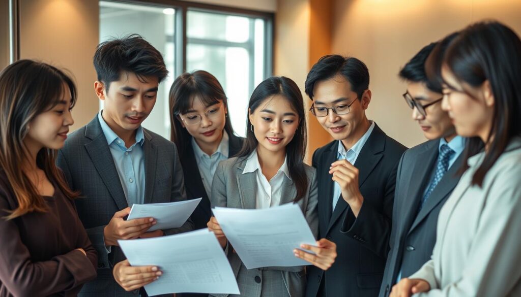 A group of young, professional-looking Japanese individuals gathered in an office setting, carefully examining documents and discussing their options. Soft, natural lighting casts a warm, thoughtful atmosphere as they weigh the pros and cons of various career transition agencies. Their expressions convey a sense of contemplation and discernment, reflecting the importance of this decision. The scene emphasizes the significance of making an informed choice when selecting a recruitment service to guide one's career journey.