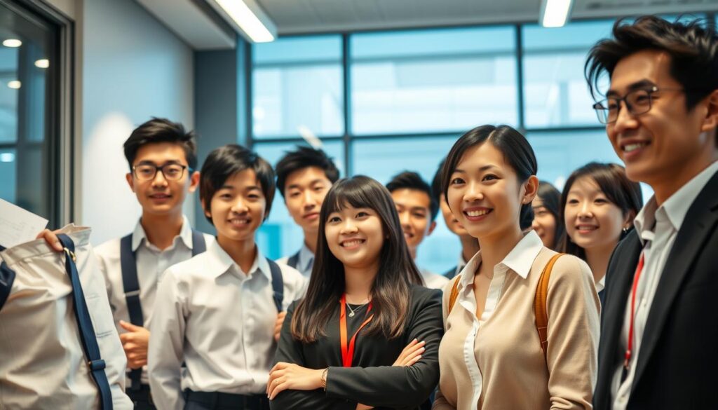 A group of young, professional-looking Japanese individuals standing in a well-lit, modern office setting. They display a range of positive personality traits, including attentiveness, approachability, and a collaborative spirit. The scene is captured with a photographic style, highlighting the subjects' natural expressions and body language. The lighting creates a warm, inviting atmosphere, emphasizing the individuals' suitability for the ground staff role described in the article.