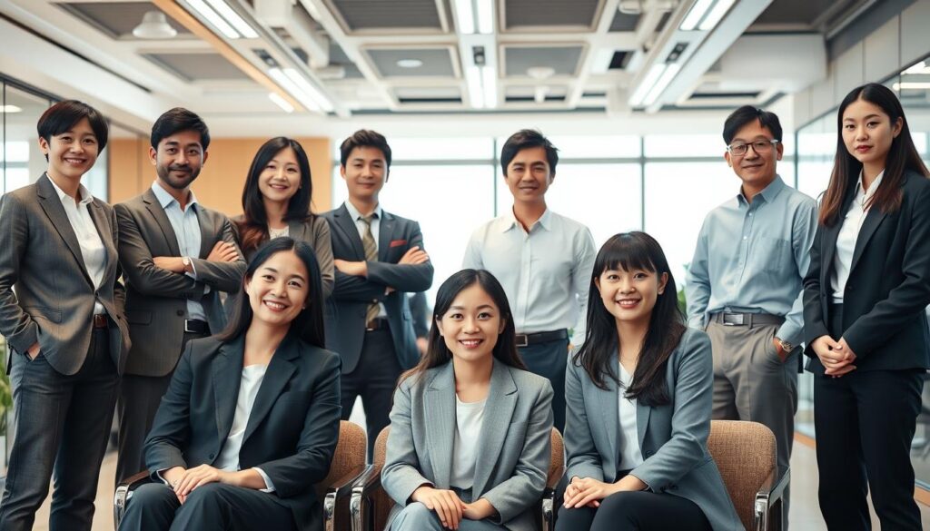 A group of young, professional-looking Japanese-style individuals in a modern office setting. They are standing or sitting, each with a unique appearance and pose, representing the diverse types of consultants - strategic, management, IT, HR, etc. The lighting is soft and natural, creating a warm, inviting atmosphere. The background features a clean, minimalist design with hints of office decor, conveying a sense of a collaborative workspace. The overall composition captures the essence of the different consultant specializations and their roles within a business environment.