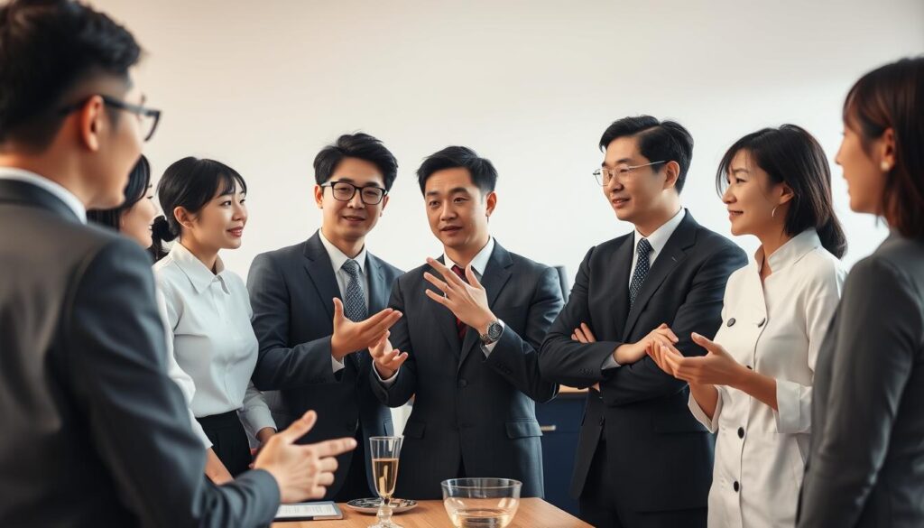 A group of young, professionally dressed Japanese-looking individuals gathered in a modern, well-lit office setting. They are discussing career advancement strategies, gesturing animatedly and exchanging ideas. The scene conveys an atmosphere of focused collaboration and professional development. The lighting is warm and natural, accentuating the subjects' facial features and body language. The composition is balanced, with the figures positioned in the foreground and a minimalist background that avoids distractions. The overall tone is one of aspiration, growth, and the pursuit of culinary expertise.