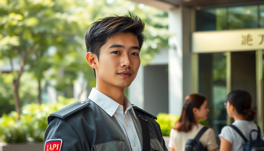 A guard standing at the entrance, meticulously scanning visitors with a calm, professional demeanor. His posture is upright, exuding authority, yet his facial expression conveys approachability. The lighting is crisp and natural, highlighting his youthful, Japanese-inspired features. In the background, a seamless blend of modern architecture and lush greenery sets the stage for his important role. The overall atmosphere emanates a sense of security and reliable service, reflecting the guard's strong communication skills and ability to engage with a diverse range of people.