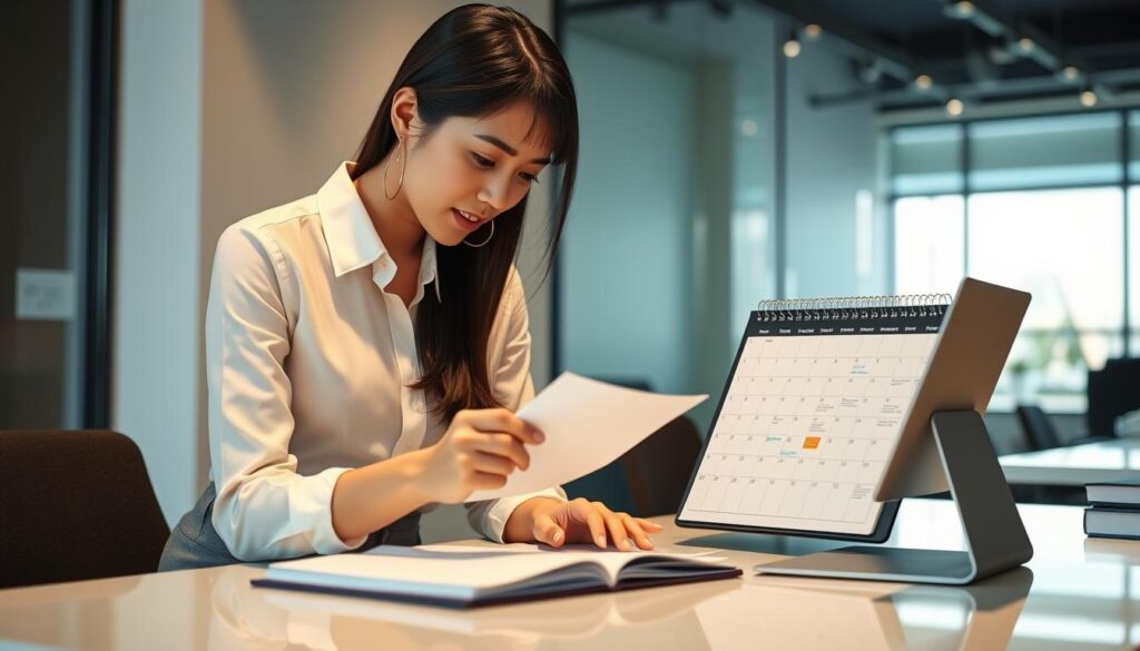 A hardworking young Japanese woman in a crisp white blouse and gray pencil skirt, meticulously organizing her daily calendar and to-do list on a sleek, minimalist desktop. The lighting is warm and focused, with a subtle depth of field blurring the background office setting. Her expression is one of determined focus, reflecting the importance of her role as a professional secretary managing the schedule and priorities of her executive. The scene conveys a sense of efficient productivity and attention to detail that is essential for effective administrative support.