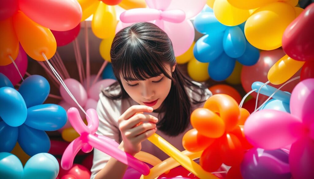 A high-angle shot of a young Japanese-looking balloon artist, surrounded by colorful latex balloons of various shapes and sizes. The artist is focused on shaping and twisting the balloons, their hands deftly manipulating the pliable material. The lighting is soft and natural, casting gentle shadows that accentuate the intricate details of the balloon creations. The background is blurred, drawing the viewer's attention to the artist's skillful performance. The overall scene conveys a sense of artistry, creativity, and the potential for generating income through this unique profession.