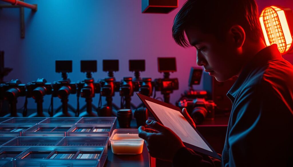 A high-contrast, cinematic scene depicting the distinct processes of digital and analog film development. In the foreground, a young Japanese man in a darkroom methodically examines a film negative under a red safelight, his face cast in dramatic chiaroscuro. In the middle ground, a row of pristine DSLR cameras and lenses stands in sharp contrast to an array of vintage film equipment - rangefinders, enlargers, and chemical trays. The background is bathed in a cool, blue-tinted light, hinting at the stark differences in the digital and analog workflows. The overall atmosphere is one of precision, craftsmanship, and the juxtaposition of old and new imaging technologies.