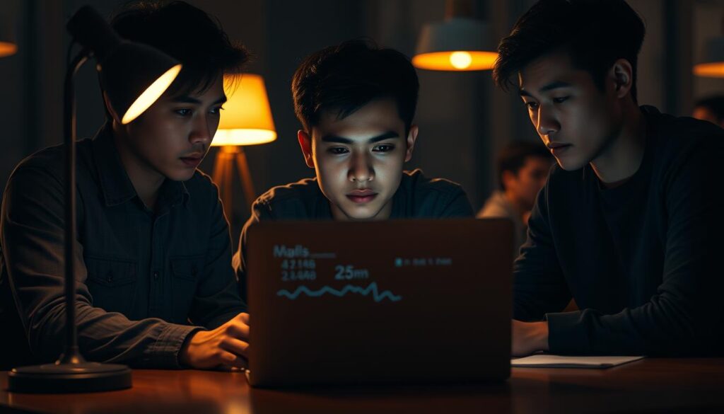 A high-contrast, cinematic scene of three young, Asian-looking individuals sitting around a table, intensely focused on a laptop screen. The lighting is dramatic, with a warm glow from a nearby lamp casting shadows across their faces, conveying a sense of deep concentration and intellectual engagement. The background is slightly blurred, drawing the viewer's attention to the central figures evaluating data and metrics displayed on the laptop. The composition is balanced, with the trio positioned in a triangular arrangement, suggesting a collaborative, professional atmosphere. The mood is one of serious analysis and assessment, reflecting the subject of "ゲームライター評価基準".