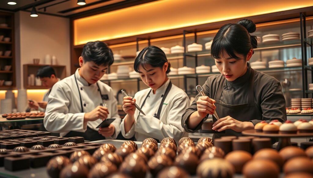 A high-end chocolaterie, bathed in warm lighting, showcases the skilled craftsmanship of its young, Japanese-looking confectioners. In the foreground, a master chocolatier delicately tempers and molds rich, dark chocolate, their focused expression and precise movements revealing years of training. In the middle ground, apprentices carefully pipe intricate patterns onto glistening pralines, their attention to detail evident. The background displays an array of elegantly plated desserts, each a work of art, reflecting the depth of knowledge and creativity within this specialized profession.