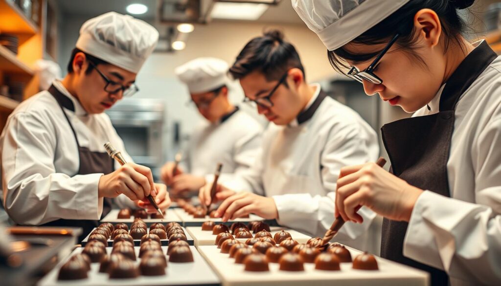 A high-end chocolatier's professional expertise and annual income. Showcase a team of skilled Japanese chocolatiers crafting exquisite confections in a modern, well-equipped kitchen. Capture the artistry and precision of their work, with close-up shots of their hands shaping, piping, and decorating chocolates. Bathe the scene in warm, soft lighting that highlights the rich, glossy textures of the chocolate. Convey a sense of focus, dedication, and passion as the chocolatiers meticulously prepare their creations. The overall atmosphere should reflect the premium quality and prestige associated with the profession.