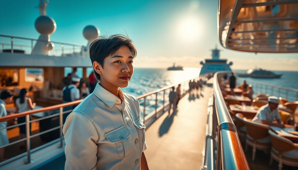 A high-end cruise ship on the open ocean, with the sun glinting off the waves. In the foreground, a young, professional-looking Japanese individual in a crisp white uniform, exuding an air of competence and poise. They stand on the ship's deck, observing the bustling activity around them - passengers boarding, luggage being loaded, crew members carrying out their duties. The middle ground reveals the ship's lavish interiors, with ornate furnishings and gleaming fixtures. In the background, the horizon is dotted with other vessels, hinting at the global nature of the cruise industry. The lighting is warm and inviting, creating a sense of anticipation and adventure. This scene captures the journey of a cruise ship purser, a key member of the crew who plays a vital role in ensuring the smooth operation and memorable experience for all on board.