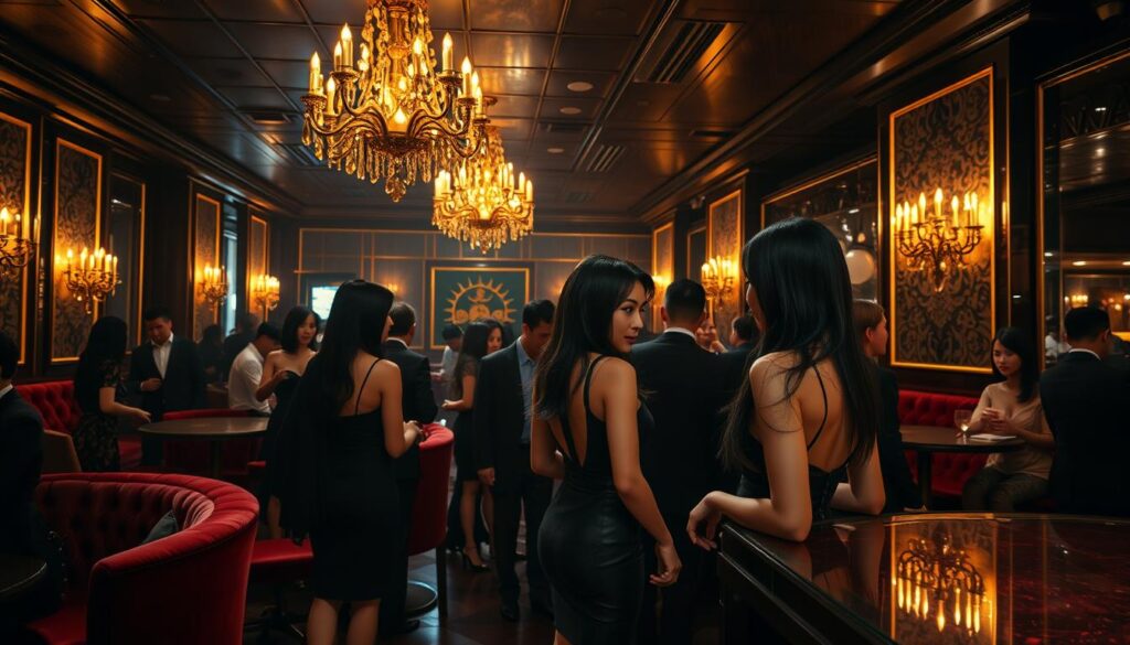 A high-end, dimly lit club interior with plush velvet seating, ornate chandeliers, and a polished dance floor. Glamorously dressed young Japanese women, their black hair and elegant features shining under the warm, golden lighting, mingle and interact with well-dressed patrons. The atmosphere is one of exclusivity, sophistication, and a hint of mystery. The scene captures the essence of a premium nightlife establishment, reflecting the opulent and alluring nature of the high-end club industry.