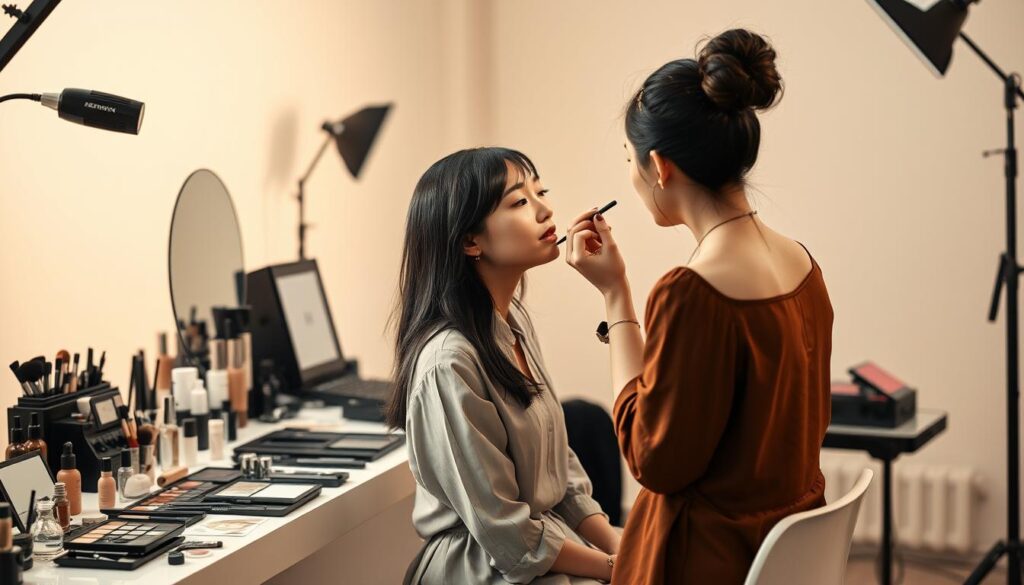 A high-end hair and makeup artist's workspace, with professional lighting, tools, and a well-organized setup. In the foreground, a young Japanese model with natural, dark hair sits patiently as the artist applies precise, delicate touches to her makeup. The middle ground showcases an array of cosmetic products, brushes, and accessories neatly arranged on a sleek, modern vanity. The background features a softly-lit, minimalist studio backdrop, creating a serene and focused environment for the artist's craft. Soft, diffused lighting accentuates the model's features and the artist's skilled handiwork, capturing the essence of their collaborative, transformative process.