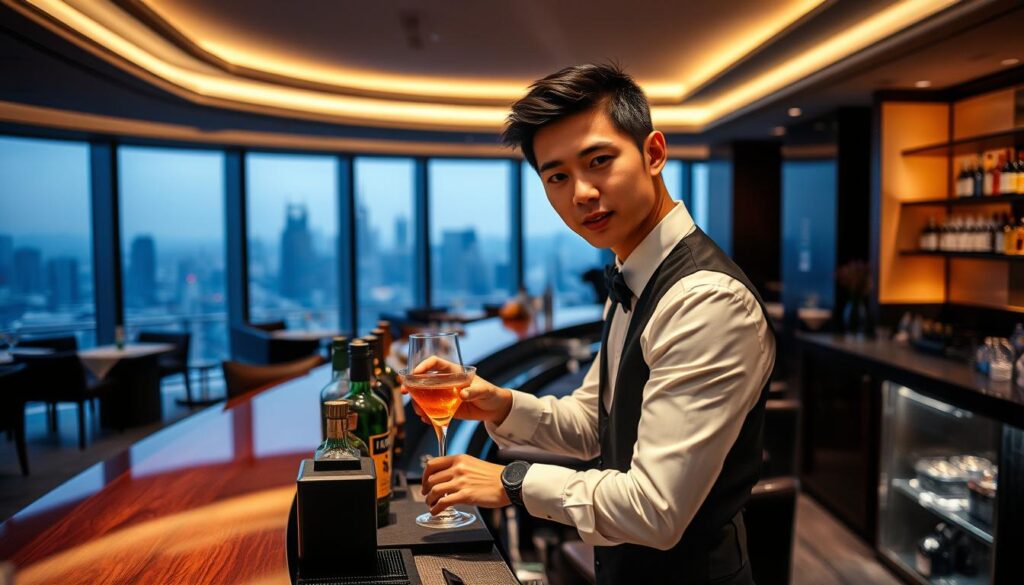 A high-end hotel bar with modern, minimalist decor and soft ambient lighting. In the foreground, a young, sharp-featured Japanese bartender in a crisp white shirt and black waistcoat skillfully prepares a cocktail, their movements graceful and practiced. The middle ground features a polished wooden bar counter and rows of premium liquor bottles. The background reveals an expansive view of the city skyline through floor-to-ceiling windows, creating an elegant, sophisticated atmosphere. The scene conveys the professionalism and attention to detail expected of a hotel bartender, in contrast to a more casual neighborhood bar environment.
