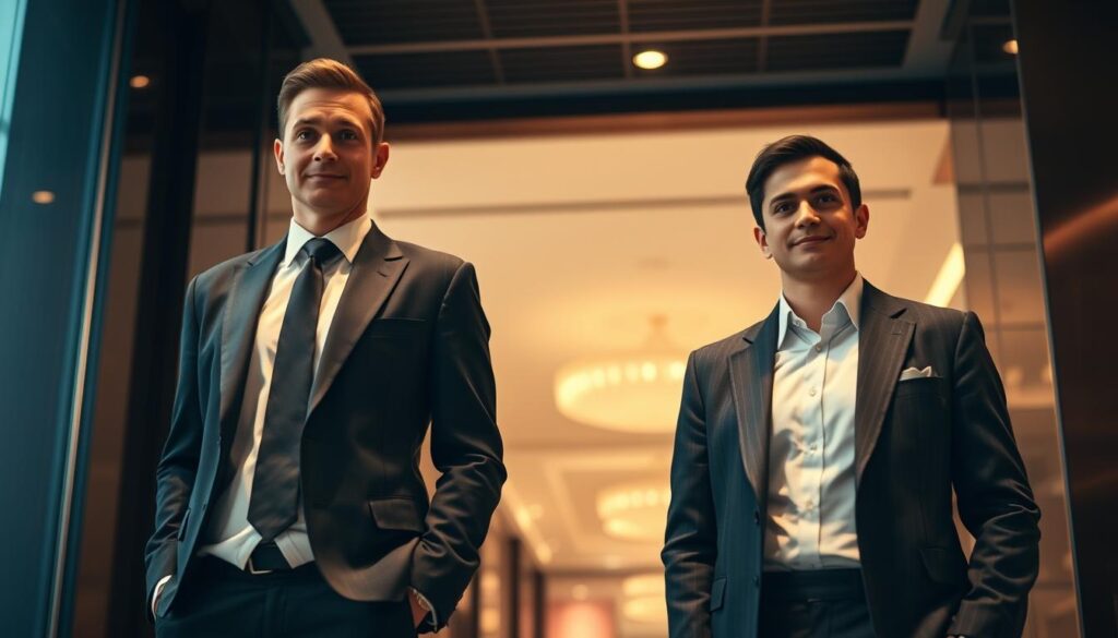 A high-end hotel concierge stands tall in a crisp uniform, exuding confidence and expertise. Beside them, a concierge at a standard hotel appears more casual, yet still eager to assist. The lighting casts a warm, inviting glow, capturing the distinct atmospheres of each establishment. The camera angle emphasizes the comparative differences in demeanor and presentation, highlighting how the level of service and attention to detail can vary between luxury and everyday hospitality settings. The overall scene conveys the nuanced distinctions in the roles and responsibilities of concierges in diverse hotel environments.