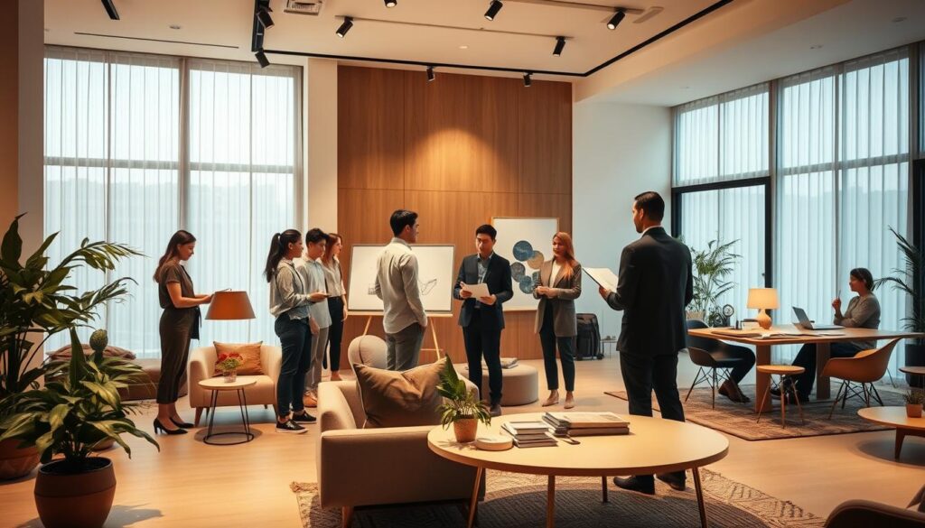 A high-end modern interior design studio, showcasing a diverse team of young, Japanese-inspired professionals charting their career paths. Warm, diffused lighting illuminates a spacious, minimalist workspace filled with sleek furniture, geometric patterns, and natural materials. In the foreground, a group of designers collaborate intently, while in the middle ground, others present design concepts to a client. In the background, an executive reviews portfolios, guiding the next generation towards leadership roles. The scene conveys a sense of creativity, mentorship, and the boundless opportunities within the dynamic field of interior design.