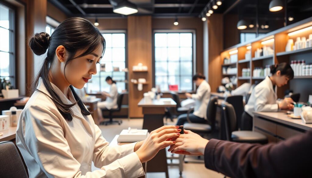 A high-end nail salon interior with natural lighting filtering through large windows. In the foreground, a young Japanese woman in a crisp white uniform skillfully applying nail polish to a client's hand. The middle ground features additional nail technicians working diligently, each demonstrating meticulous attention to detail. The background showcases an array of nail care products, tools, and equipment, reflecting the professional, well-equipped nature of the establishment. An atmosphere of focused precision and customer-centric service pervades the scene.