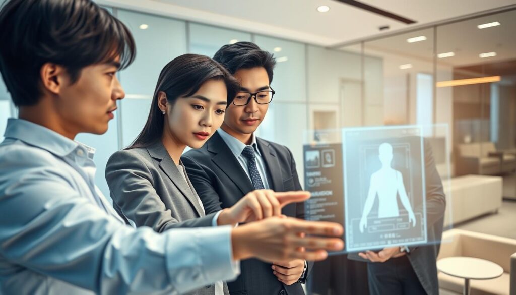 A high-end, professional-looking business scene featuring the Bizreach Scout System. A group of three well-dressed, young Japanese-looking individuals are intently examining a sleek, holographic interface projected before them, their expressions focused and intent. The lighting is crisp and clean, with a soft, directional glow illuminating the scene. The background is a minimalist, contemporary office space with glass walls and modern furniture, conveying a sense of sophistication and innovation. The overall atmosphere is one of cutting-edge technology, career opportunity, and a high-end recruiting experience.