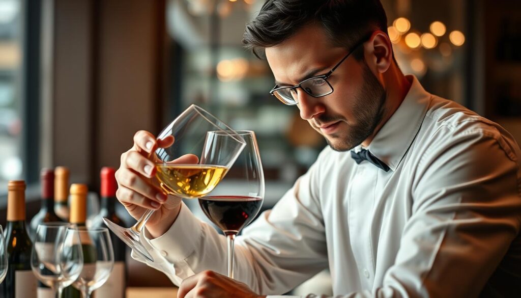 A high-end sommelier meticulously examining a glass of fine wine, their keen senses attuned to the nuances of aroma, color, and flavor. The scene is captured in a softly lit, elegant setting, the sommelier's face exuding a thoughtful, professional demeanor. The middle ground features a selection of wine bottles and glassware, hinting at the sommelier's vast knowledge and expertise. In the background, a blurred, upscale restaurant interior sets the stage for this skilled practitioner of the art of wine service.