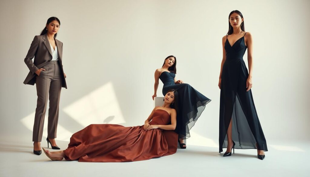 A high-fashion editorial photoshoot showcasing the diverse career paths of young, Japanese-looking female models. The scene depicts three models posing gracefully against a minimalist, studio backdrop with soft, natural lighting. One model struts confidently in a chic, tailored pantsuit, another reclines pensively in a flowing evening gown, and the third model stands elegantly in a modern, architectural dress. The models' expressions convey a range of emotions - ambition, contemplation, and poise - representing the multifaceted nature of a fashion modeling career. The overall mood is one of sophistication, aspiration, and the endless possibilities that lie ahead for these talented individuals.