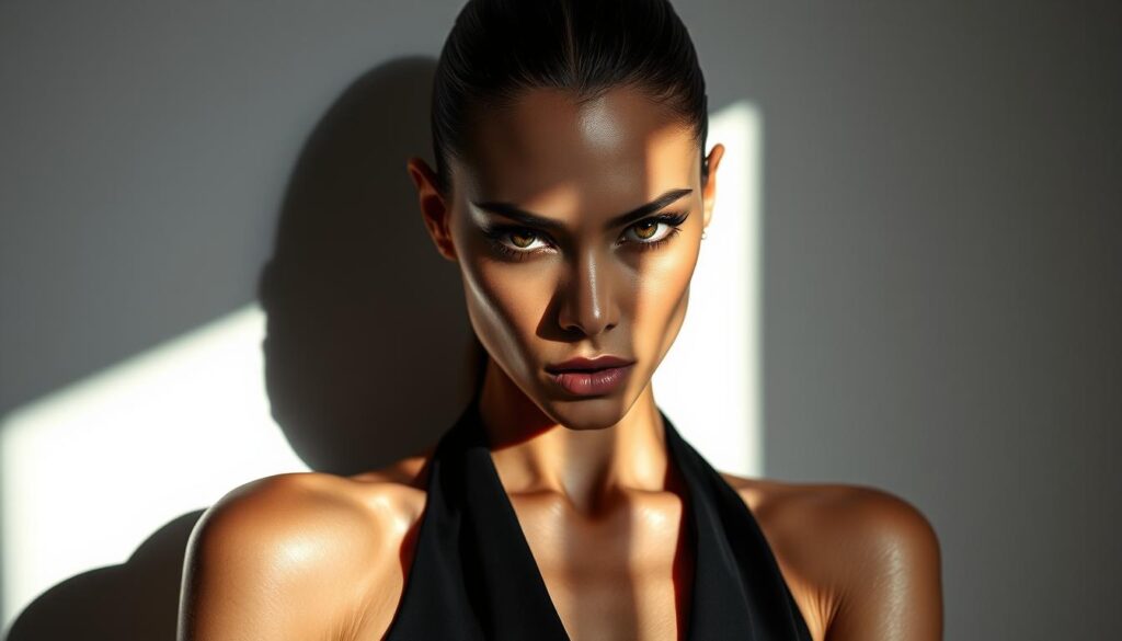 A high-fashion editorial shoot in a minimalist studio setting. Dramatic lighting casts sharp shadows, highlighting the model's sculpted features and sleek, monochrome attire. The composition emphasizes clean lines and negative space, creating a sense of sophisticated elegance. The model's gaze is intense and piercing, conveying a confident, almost aloof attitude. The overall mood is one of understated luxury and modern glamour, perfectly capturing the essence of a high-end fashion advertisement.