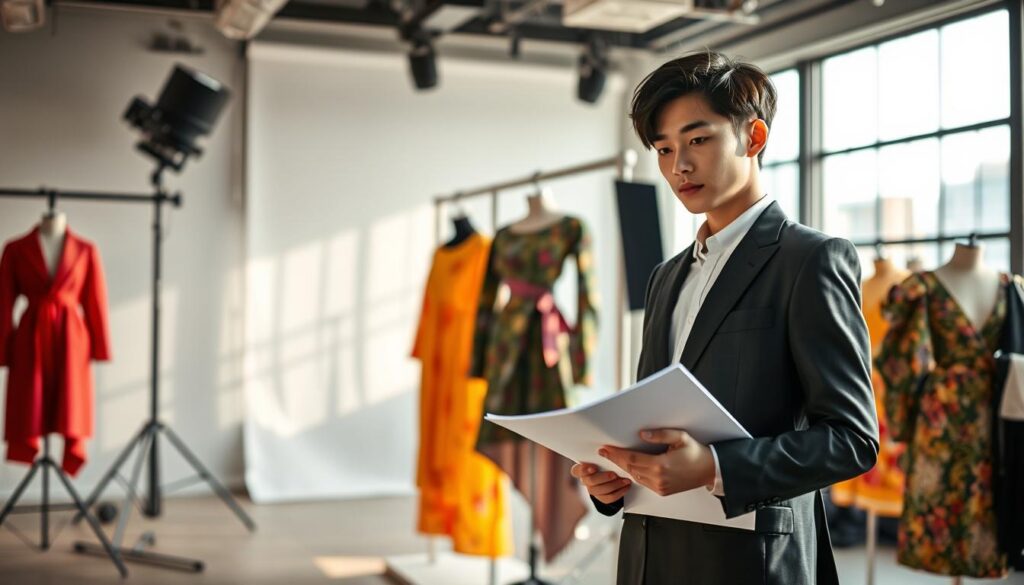 A high-fashion photo studio, softly lit with natural light filtering through large windows. In the foreground, a young, elegantly dressed Japanese fashion designer stands confidently, their gaze directed thoughtfully toward a sketchpad in hand. The middle ground features a selection of vibrant, meticulously crafted garments on display, showcasing the designer's technical skills and creative vision. The background subtly implies a bustling urban landscape, hinting at the dynamic world of the fashion industry. The overall atmosphere conveys a sense of professionalism, inspiration, and the pursuit of artistic excellence.