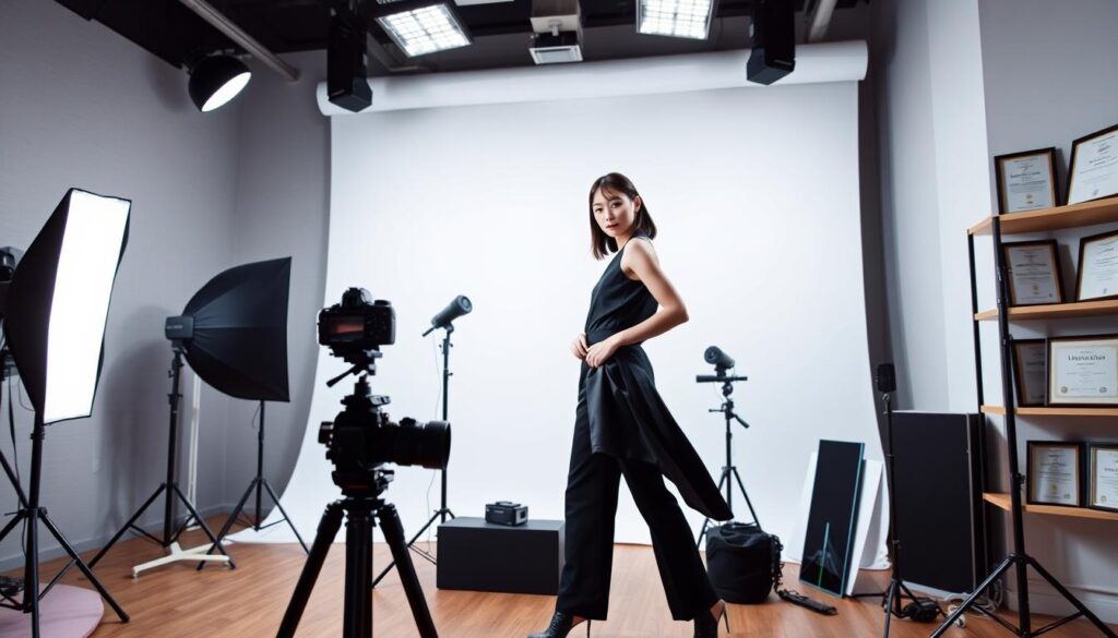 A high-fashion photo studio with dramatic lighting and a sleek, minimalist backdrop. In the foreground, a young Japanese model strikes a poised, elegant pose, showcasing a stylish avant-garde outfit. The mid-ground features an array of professional photography equipment, including a high-end DSLR camera on a sturdy tripod, softboxes, and reflectors, hinting at the technical expertise required. In the background, shelves display various photography certifications and diplomas, underscoring the specialized education and training needed to become a skilled fashion photographer.