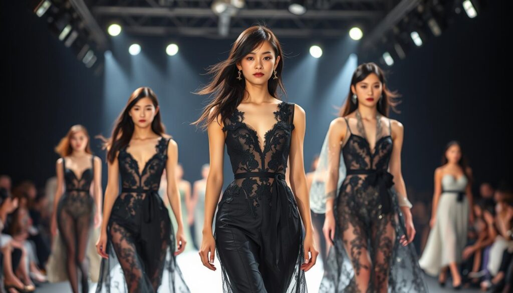 A high-fashion runway showcasing the latest designs from top Japanese fashion designers. Graceful models with delicate Asian features stride down the catwalk, their black hair cascading around their faces. Bright stage lights bathe the scene in a warm, dramatic glow, creating striking shadows and highlights that accentuate the intricate clothing. The background is a minimalist black or white set, allowing the garments to take center stage. An air of exclusivity and sophistication permeates the scene, capturing the essence of a world-class fashion show.