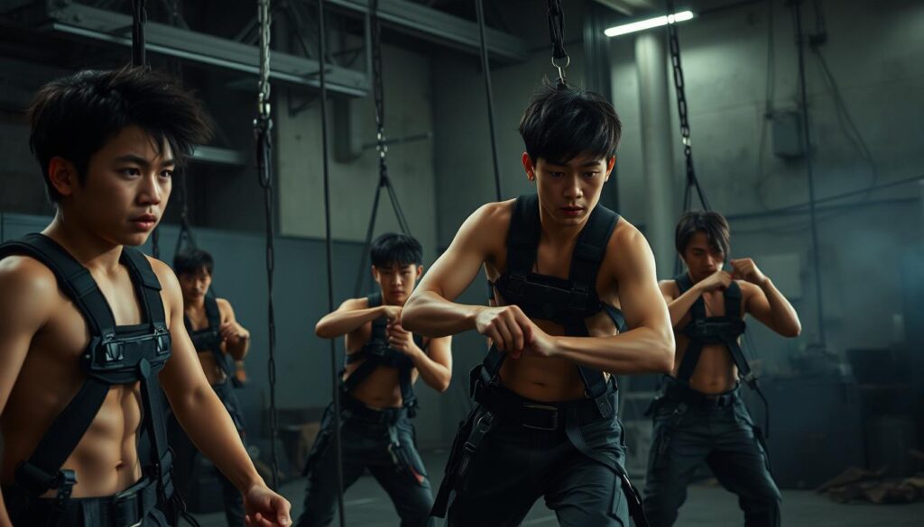 A high-intensity stunt rehearsal scene set in a gritty industrial environment. The foreground features a group of young, athletic Japanese-looking stunt performers engaged in action choreography, their faces determined and focused. The middle ground showcases detailed rigging equipment, safety harnesses, and specialized stunt props. In the background, a dimly lit warehouse-like setting with concrete walls, metal beams, and moody, dramatic lighting create a sense of intensity and danger. The overall atmosphere conveys the demanding, high-stakes nature of the stunt performer's work environment and the need for precision, skill, and uncompromising safety protocols.