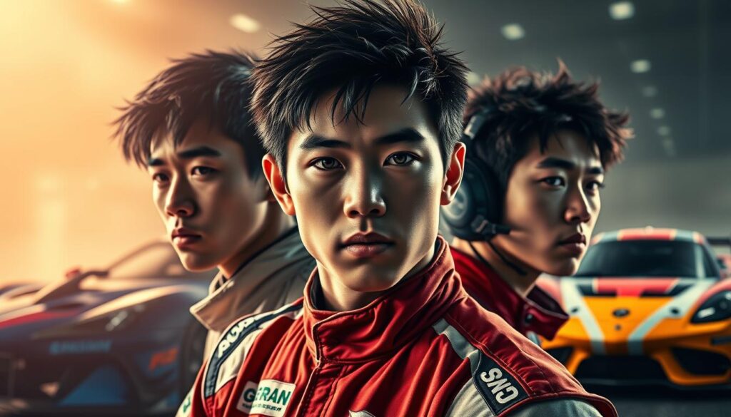 A high-octane scene of three young Japanese racing drivers, their determined faces set against a backdrop of sleek, powerful race cars. Dramatic lighting casts dynamic shadows, accentuating the taut musculature and intense focus of the athletes. The scene is infused with a palpable sense of speed and adrenaline, capturing the essence of the motorsports heroes. The cars are rendered in intricate detail, their aerodynamic forms and vibrant liveries reflecting the cutting-edge technology and design of the sport. This compelling image embodies the passion, skill, and triumph of the racing elite, serving as a fitting visual representation of the "レーシングドライバーの成功事例と有名選手" section.