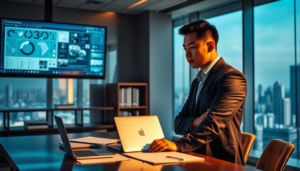 A high-powered executive producer stands in a sleek, modern office, gazing intently at a large monitor displaying complex project details. The lighting is warm and directional, creating dramatic shadows that accentuate their focused expression. In the foreground, a neatly organized desk holds an array of professional tools - a laptop, a pen and paper, and a stack of documents. The middle ground features a bookshelf filled with industry-relevant titles, while the background showcases a panoramic city skyline through floor-to-ceiling windows. The executive's youthful, Japanese-inspired features convey a sense of expertise and authority, befitting their role as the driving force behind this ambitious production.