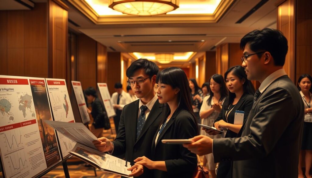A high-profile hotel lobby with guests navigating crisis information displays and managers coordinating emergency response. The scene is illuminated by warm, diffused lighting that casts dramatic shadows, creating a sense of tension and urgency. In the foreground, a group of young Japanese professionals in formal attire examine detailed charts and graphs, their expressions serious as they discuss risk mitigation strategies. In the background, hotel staff direct guests to designated safety zones, their faces reflecting a mix of concern and professionalism. The overall atmosphere conveys the gravity of the situation and the importance of thorough crisis management and risk assessment in the tourism industry.