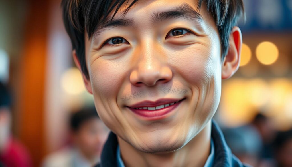 A high-quality, close-up portrait of a young Japanese-looking tour conductor, their face radiating a warm, approachable demeanor. The subject's gaze is direct and attentive, conveying a sense of professionalism and engagement. The lighting is soft and flattering, illuminating the subject's features and emphasizing their eyes. The background is blurred, keeping the focus on the tour conductor's expressive face. The overall mood is one of confidence, friendliness, and a deep understanding of their role as a tour guide.