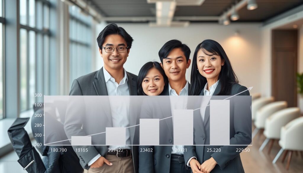 A high-quality, detailed photograph of a group of Japanese-looking individuals, all in their early to mid-30s, with black hair, standing in a professional office setting. The foreground features three people in business attire, posing for a chart or graph illustrating the income progression of a construction consultant over the years. The middle ground showcases a modern, minimalist office environment with sleek furniture and large windows letting in natural light. The background blurs out, creating a sense of depth and focus on the central subjects. The overall tone is one of professionalism, success, and the rewarding career trajectory of a construction consultant.