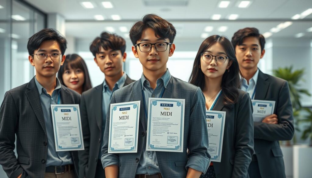A high-quality, hyperrealistic digital illustration depicting the MIDI certification system. The image shows a group of young, Japanese-looking individuals standing in a contemporary office setting, with a focus on the MIDI certification credentials and qualifications they possess. The scene is well-lit, with soft, directional lighting accentuating the subjects' features and creating a sense of depth and dimension. The background is slightly blurred, drawing the viewer's attention to the central figures and their professional certifications. The overall mood is one of seriousness, professionalism, and the importance of these specialized qualifications in the field of music arrangement.