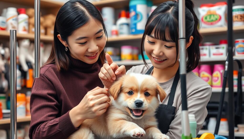 A high-quality photo of a young Japanese woman in a professional grooming environment, expertly trimming the fur of a playful puppy while surrounded by various pet care tools and accessories. The woman has a focused yet caring expression, demonstrating her technical skills and attentive approach to pet grooming. The scene is well-lit, capturing the details of the grooming process in a clean, realistic manner. The background features shelves of pet supplies, creating a professional, service-oriented atmosphere. Overall, the image effectively conveys the specialized skills and dedicated care required of a professional pet groomer.