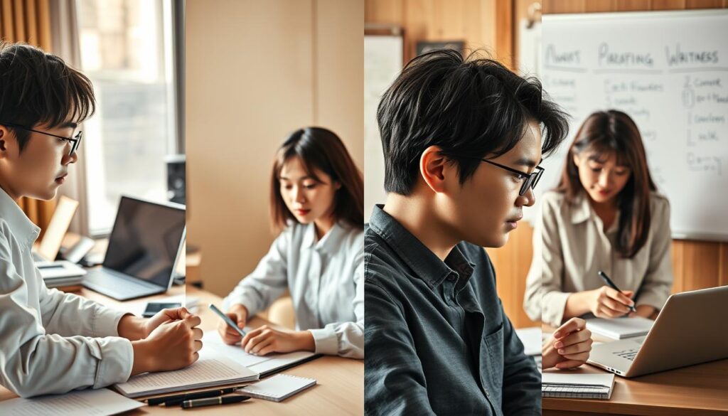 A high-quality photograph of four young Japanese professionals in a side-by-side comparison, showcasing their distinct career roles and characteristics. In the foreground, a screenplay writer with a thoughtful expression, their desk adorned with a laptop, notes, and creative tools. In the middle ground, a video game designer engrossed in their work, surrounded by concept art and a sketchpad. In the background, a technical writer meticulously reviewing documents, and a marketing copywriter brainstorming ideas on a whiteboard. Warm, natural lighting illuminates the scene, creating a sense of professionalism and inspiration. The image conveys the diversity of writing-focused careers and the unique skills required for each discipline.