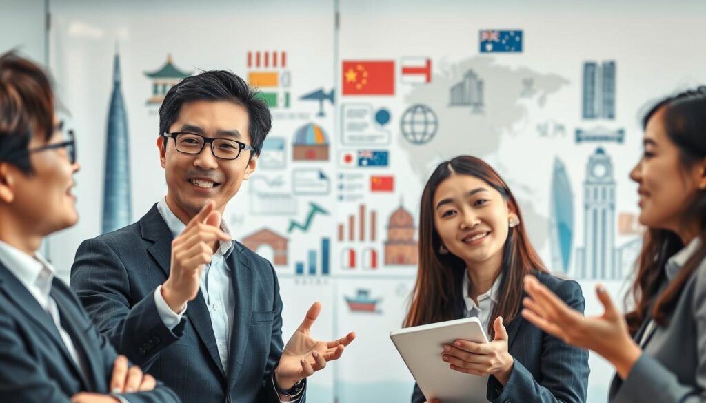 A high-quality, realistic photograph of a diverse group of young Japanese interpreter professionals, set against a blurred background showcasing their various specialized fields and work environments. The foreground features three individuals - a man and two women - in formal attire, communicating animatedly and gesturing to convey the dynamic nature of their work. The middle ground depicts an array of cultural artifacts, documents, and digital displays, hinting at the breadth of their interpretation activities. The background is softly out of focus, suggesting international cityscapes, conference rooms, or other interpretation-related settings. The lighting is natural and flattering, creating a professional yet approachable atmosphere. The overall composition emphasizes the versatility, expertise, and collaborative spirit of the interpreting profession.