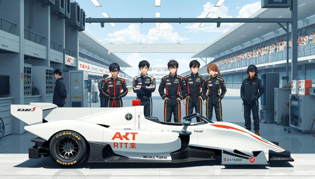 A high-resolution, detailed illustration of a professional racing team's organizational structure. The scene depicts a well-equipped workshop with mechanics and engineers diligently working on a sleek, high-performance race car in the foreground. In the middle ground, a group of young, serious-looking Japanese individuals in racing uniforms are gathered, representing the various team roles such as the driver, strategist, and pit crew. The background showcases a modern, state-of-the-art racing facility with spectators in the grandstands. The image conveys a sense of precision, teamwork, and the intense dedication required in the world of professional motorsports.