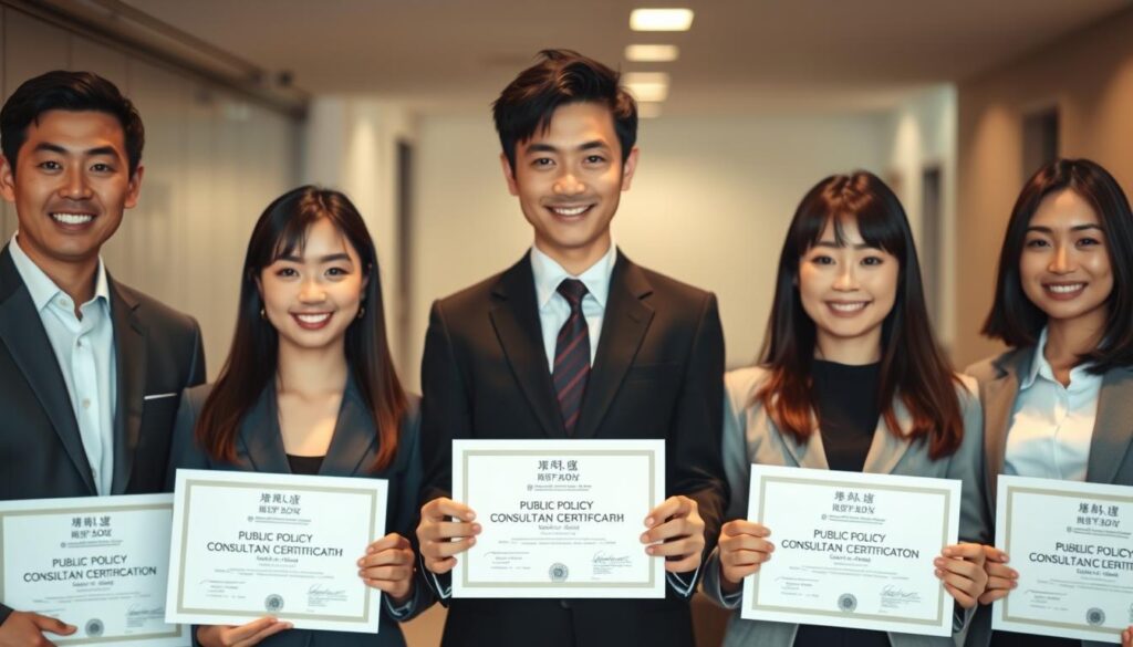A high-resolution photograph of a group of young Japanese-looking professionals wearing formal business attire, posing confidently against a blurred office backdrop. They are holding certificates or diplomas representing a "Public Policy Consultant Certification" qualification. The lighting is soft and flattering, with a warm tone that conveys a sense of expertise and authority. The composition features a clean, minimalist aesthetic that emphasizes the certifications as the central focus.