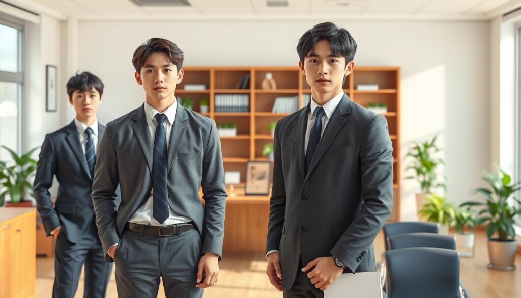 A high-resolution, photorealistic image depicting the hiring requirements and application criteria for security guards. The scene shows three young, Japanese-looking male models in formal attire standing in a formal office setting, with a large desk, potted plants, and a bookshelf in the background. The lighting is bright and natural, with a warm, professional atmosphere. The models have serious, thoughtful expressions, conveying the gravity of the situation. The image should emphasize the important details and qualifications needed to become a security guard, without any distracting text or graphics.