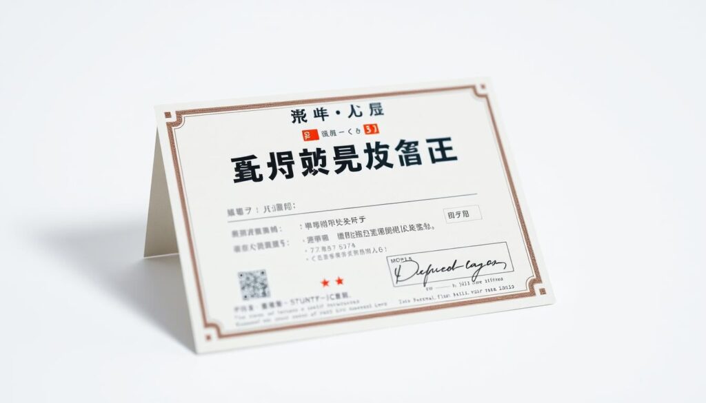 A high-resolution photorealistic image of a Japanese stunt performer's certification or license, featuring a sleek, modern design. The document is rendered with a glossy, textured surface and sharp, legible details. The background is a clean, white backdrop that allows the credential to take center stage. Subtle lighting casts gentle shadows, enhancing the depth and realism of the scene. The overall impression is one of professionalism, authority, and the specialized skills required to be a certified stunt person.