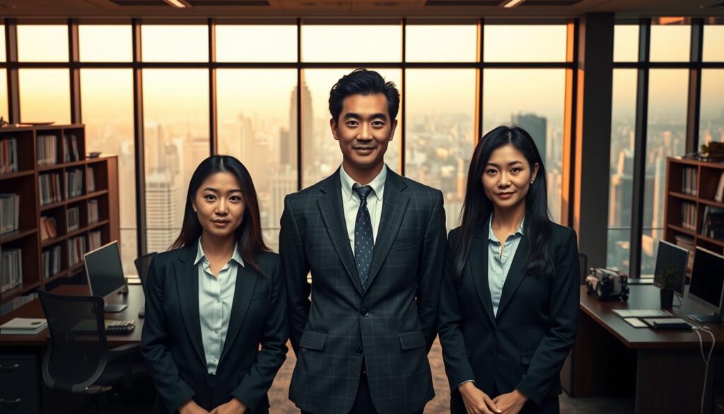 A high-resolution, photorealistic image of a group of three young Japanese-looking professionals standing in a formal office setting, dressed in business attire. The foreground features a well-lit, front-facing view of the individuals, their faces clearly visible, with expressions conveying a sense of expertise and professionalism. The middle ground showcases the office environment, with tidy desks, bookshelves, and other accoutrements of a geological consulting firm. The background depicts large windows offering a panoramic view of a bustling cityscape, bathed in warm, natural lighting to create a calm, sophisticated atmosphere. The image should highlight the technical knowledge and specialized skills required for the role of a geological consultant.