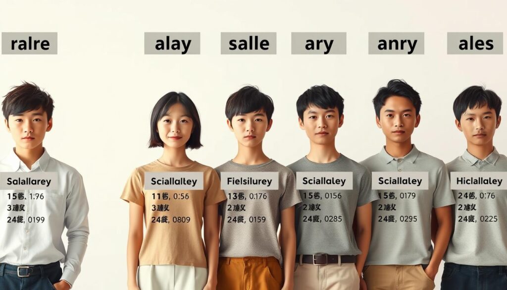 A high-resolution, photorealistic image of a group of young Japanese-looking people standing in a row, facing the camera, with various industry sectors labeled above each person. The scene is well-lit, with a clean, minimalist background that allows the subjects and their respective salary ranges to be the focal point. The models have a neutral, contemplative expression, conveying the informative nature of the image. The composition is balanced, with each person occupying an equal space and the labels positioned clearly above them.